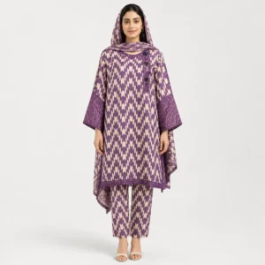 Geometric Printed Lawn 3 Piece Suit for Women featuring decorative neckline wide sleeve borders matching trouser and printed dupatta