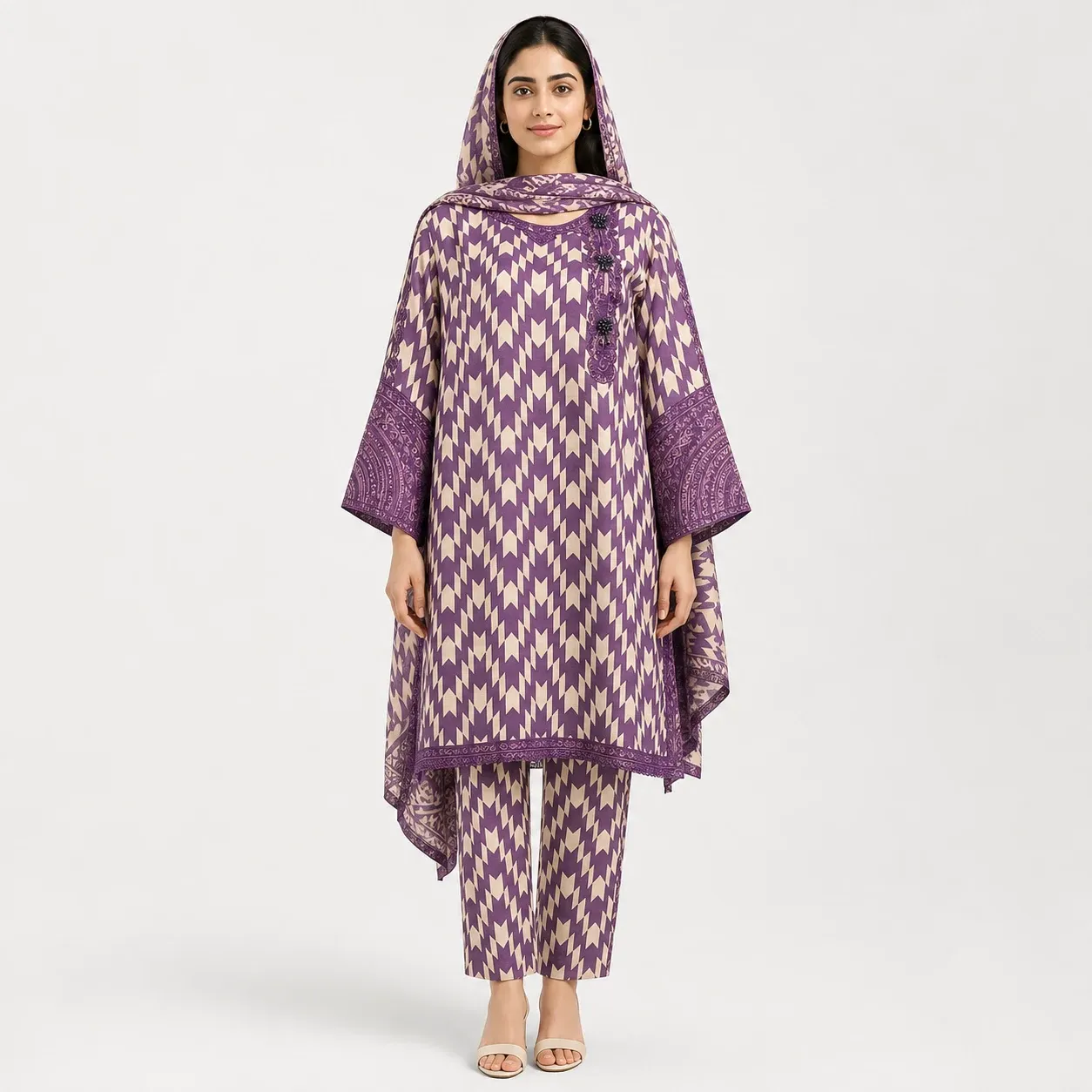Geometric Printed Lawn 3 Piece Suit for Women featuring decorative neckline wide sleeve borders matching trouser and printed dupatta