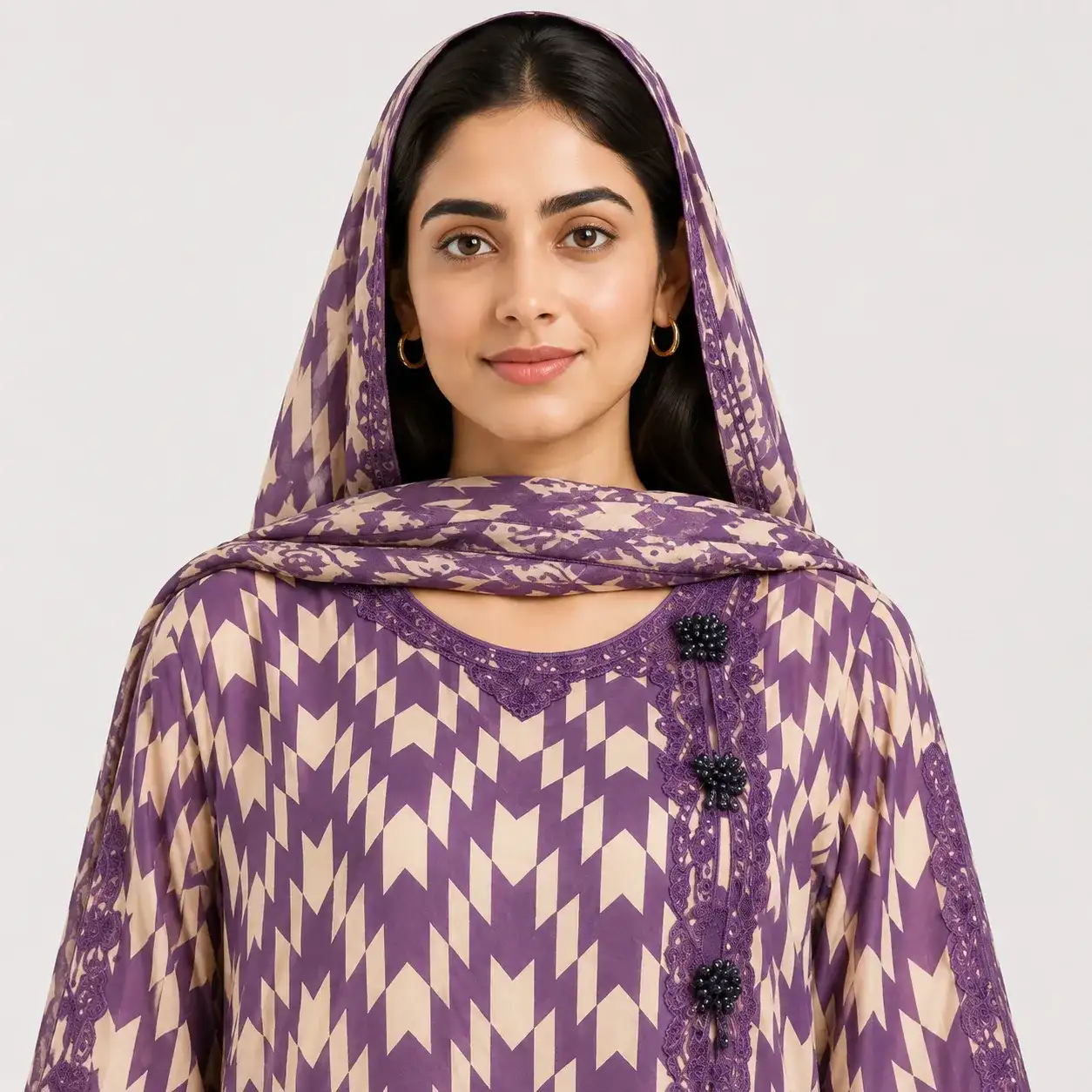 Geometric Printed Lawn 3 Piece Suit for Women featuring decorative neckline wide sleeve borders matching trouser and printed dupatta