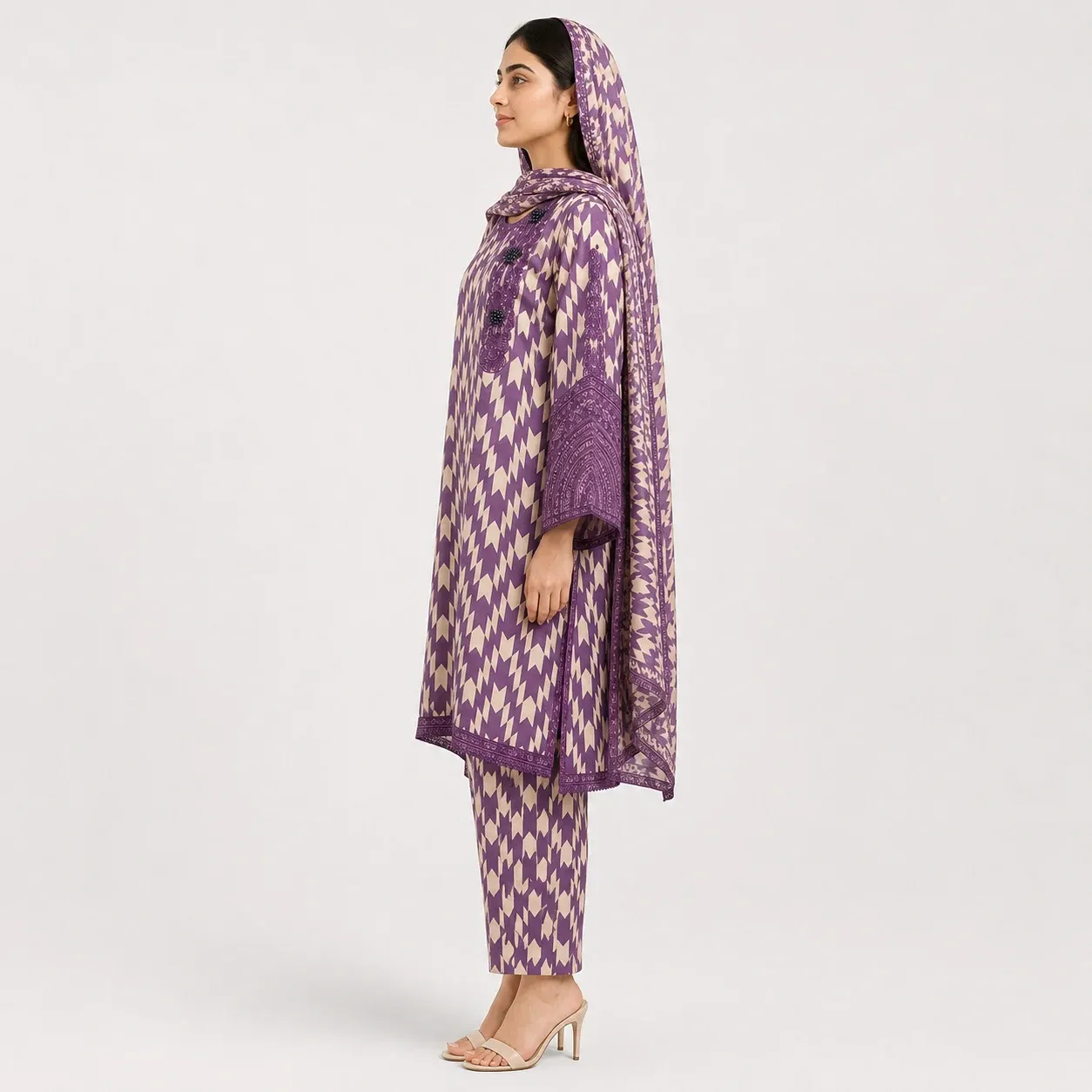 Geometric Printed Lawn 3 Piece Suit for Women featuring decorative neckline wide sleeve borders matching trouser and printed dupatta