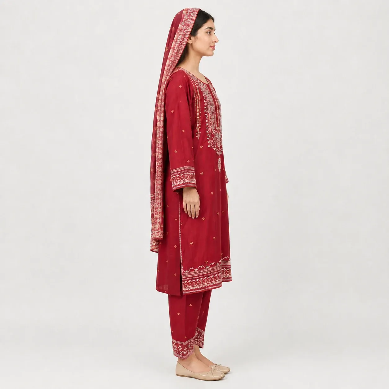 Embroidered Doria Cotton 3 Piece Suit for Women featuring traditional neckline panel embroidered cuffs matching trouser and dupatta