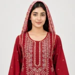 Embroidered Doria Cotton 3 Piece Suit for Women featuring traditional neckline panel embroidered cuffs matching trouser and dupatta
