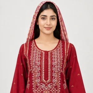 Embroidered Doria Cotton 3 Piece Suit for Women featuring traditional neckline panel embroidered cuffs matching trouser and dupatta