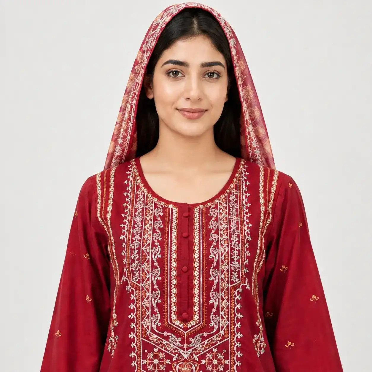 Embroidered Doria Cotton 3 Piece Suit for Women featuring traditional neckline panel embroidered cuffs matching trouser and dupatta