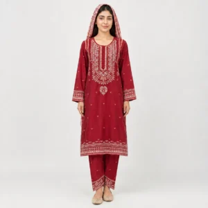 Embroidered Doria Cotton 3 Piece Suit for Women featuring traditional neckline panel embroidered cuffs matching trouser and dupatta
