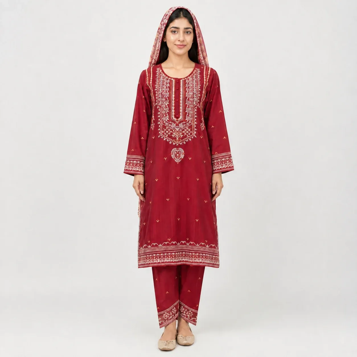 Embroidered Doria Cotton 3 Piece Suit for Women featuring traditional neckline panel embroidered cuffs matching trouser and dupatta