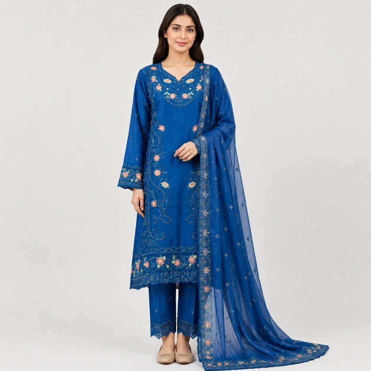 Embroidered Doria Cotton 3 Piece Suit for Women featuring floral neckline decorative daman matching trouser and bordered dupatta