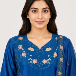 Embroidered Doria Cotton 3 Piece Suit for Women featuring floral neckline decorative daman matching trouser and bordered dupatta