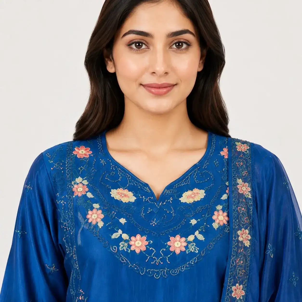 Embroidered Doria Cotton 3 Piece Suit for Women featuring floral neckline decorative daman matching trouser and bordered dupatta