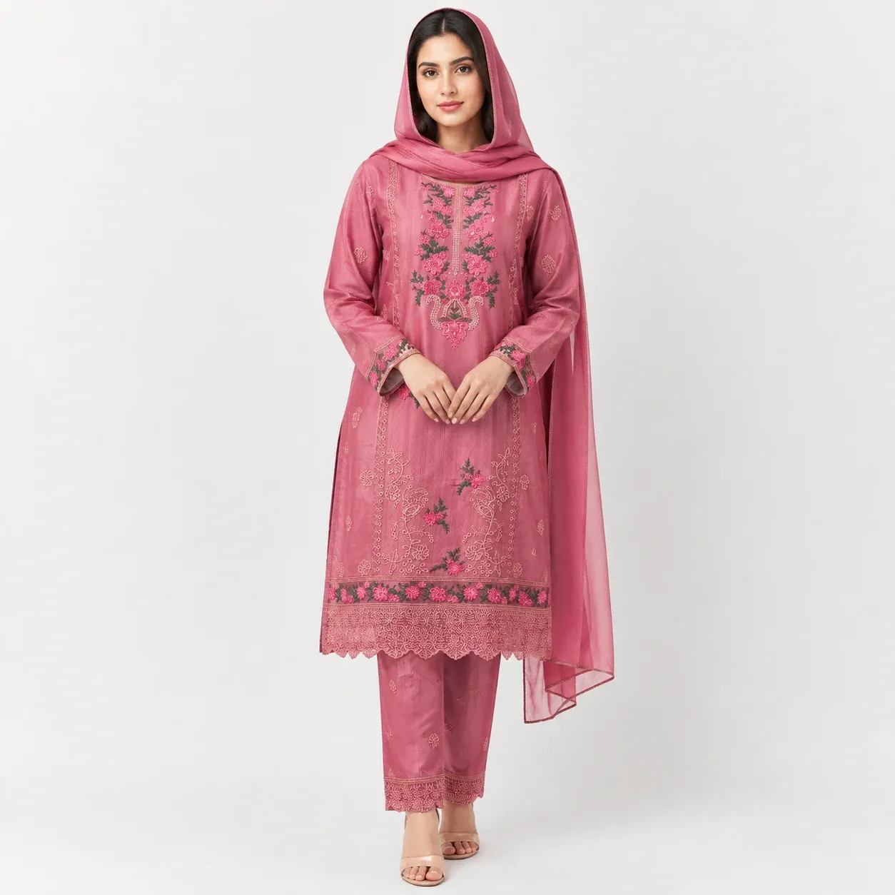 Embroidered Doria Cotton 3 Piece Suit for Women featuring floral front work embroidered cuffs decorative daman matching trouser and dupatta