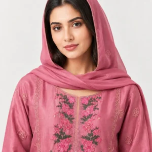 Embroidered Doria Cotton 3 Piece Suit for Women featuring floral front work embroidered cuffs decorative daman matching trouser and dupatta