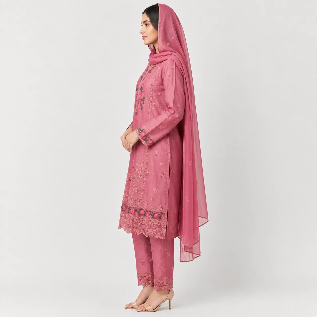 Embroidered Doria Cotton 3 Piece Suit for Women featuring floral front work embroidered cuffs decorative daman matching trouser and dupatta