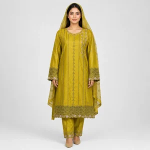 Embroidered Doria 3 Piece Suit for Women featuring vertical front detailing decorative borders matching trouser and dupatta