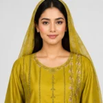 Embroidered Doria 3 Piece Suit for Women featuring vertical front detailing decorative borders matching trouser and dupatta
