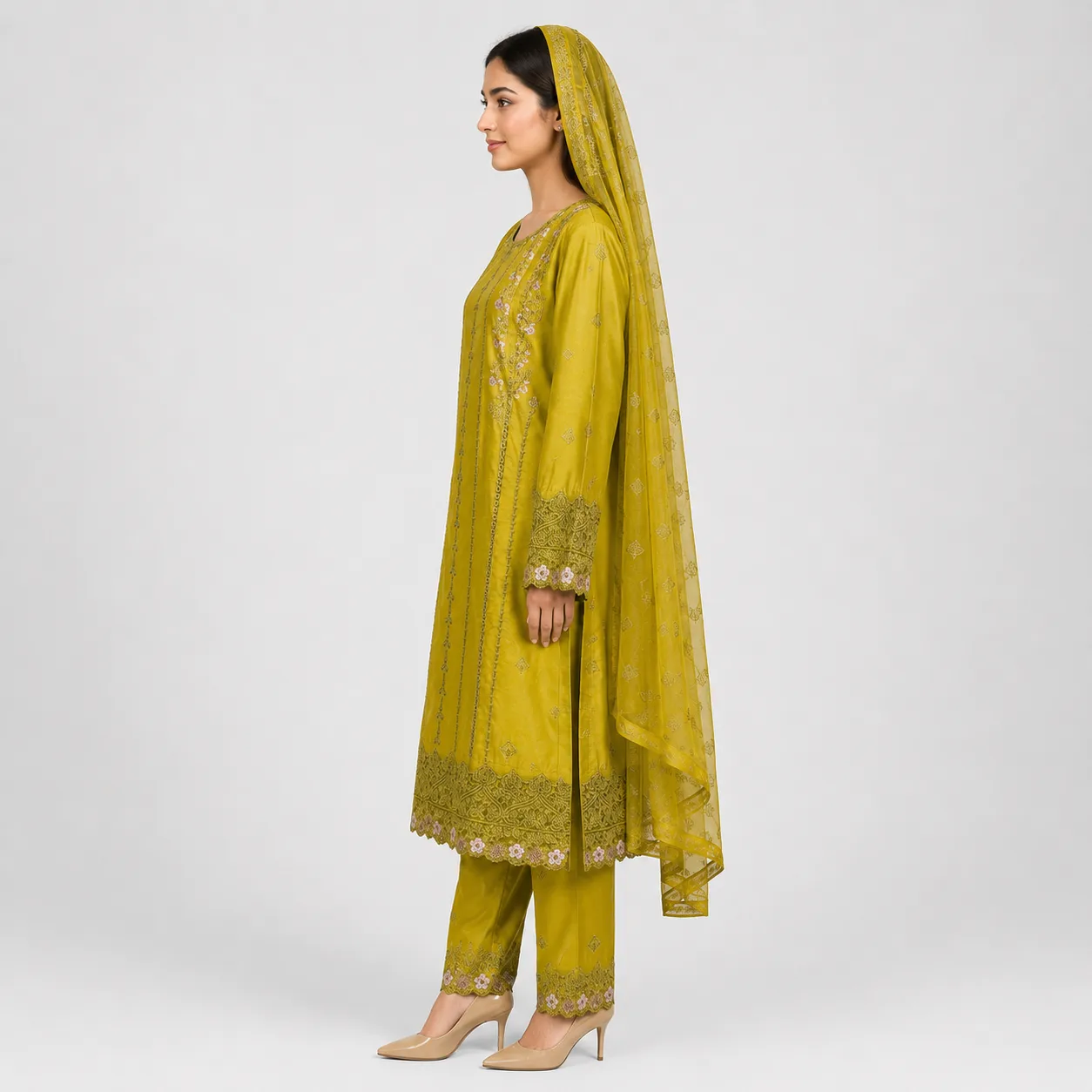 Embroidered Doria 3 Piece Suit for Women featuring vertical front detailing decorative borders matching trouser and dupatta