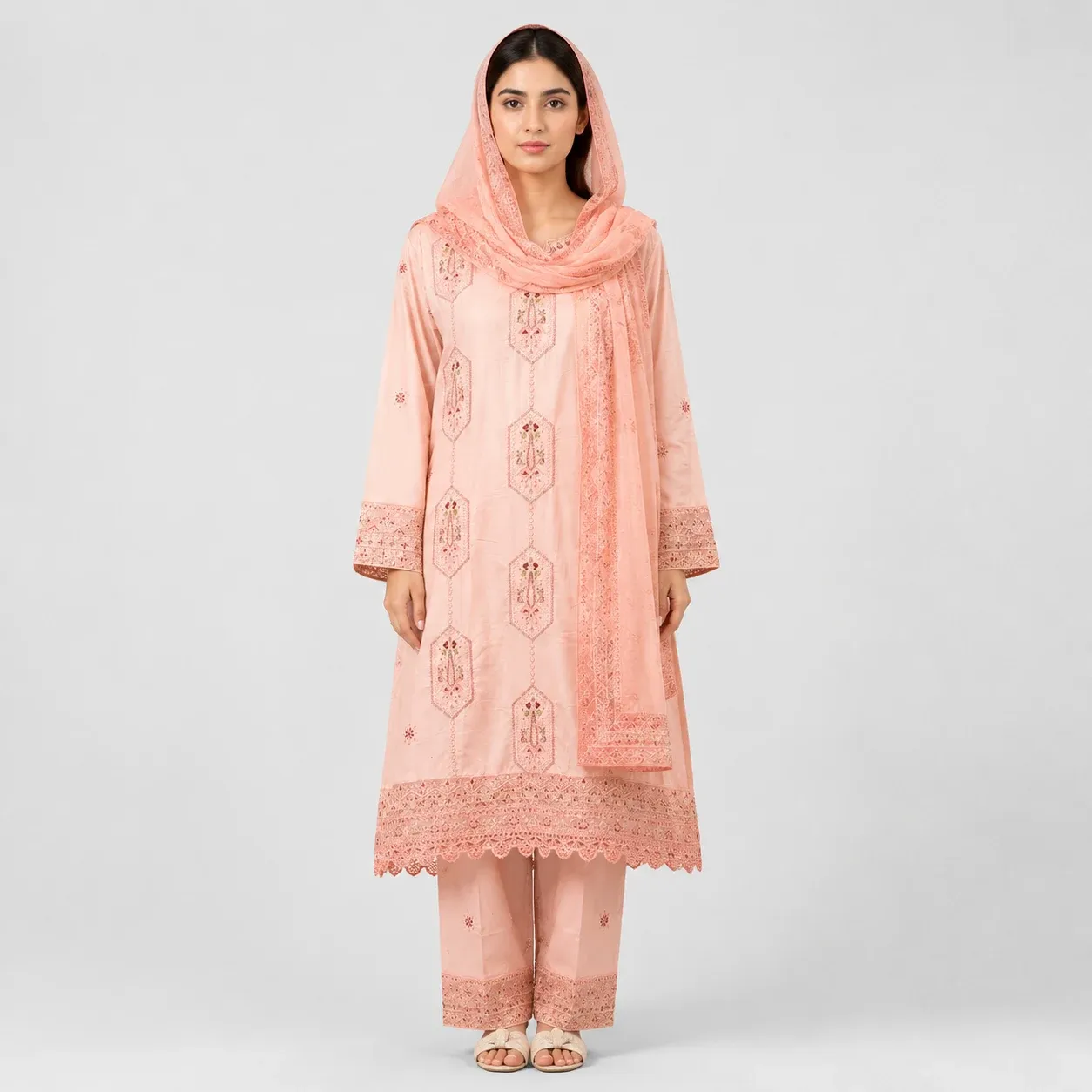 Shop Embroidered Doria Cotton 3 Piece Suit for Women with matching trouser and dupatta, featuring elegant front motifs, decorative borders and comfortable fabric for a graceful eastern wear look.