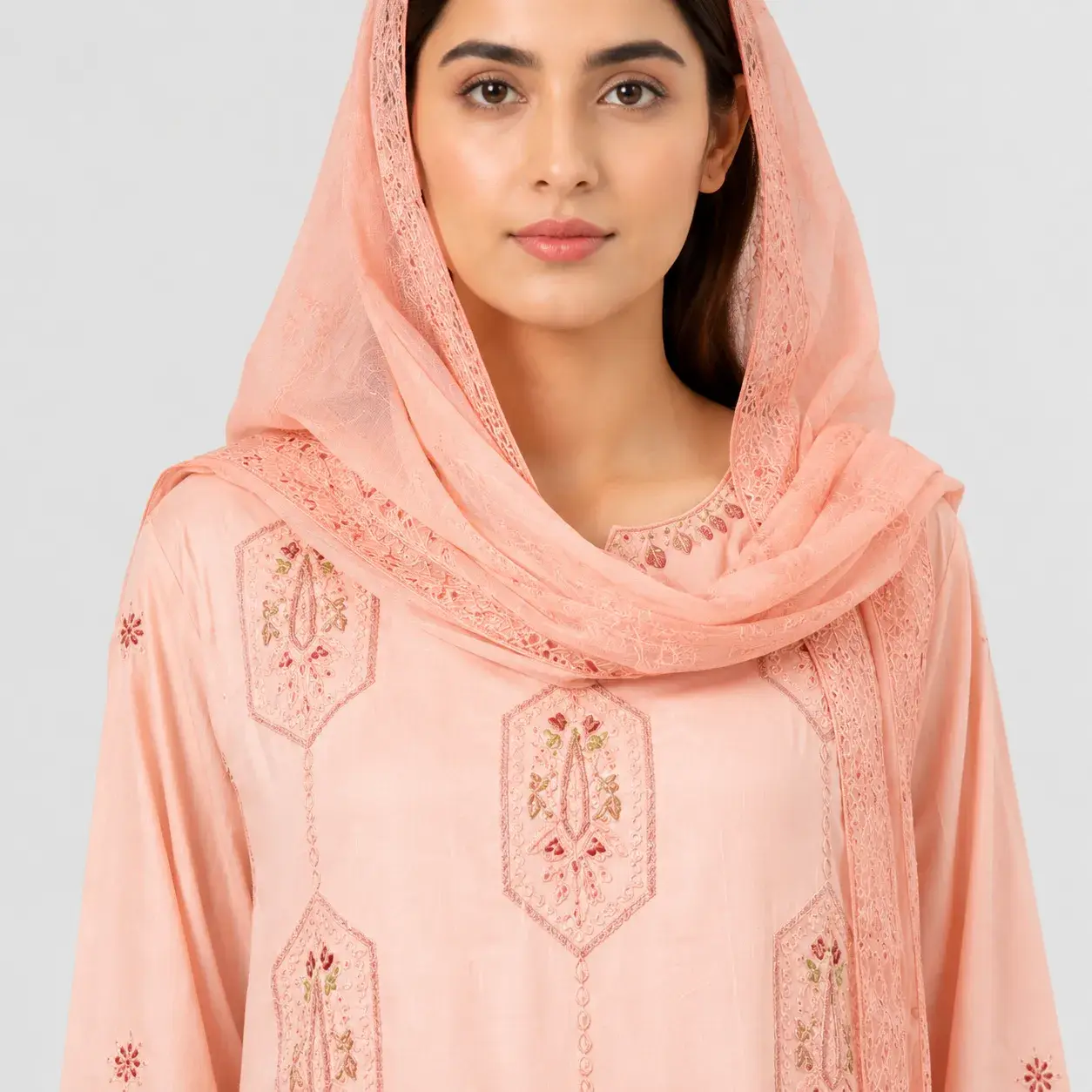 Shop Embroidered Doria Cotton 3 Piece Suit for Women with matching trouser and dupatta, featuring elegant front motifs, decorative borders and comfortable fabric for a graceful eastern wear look.