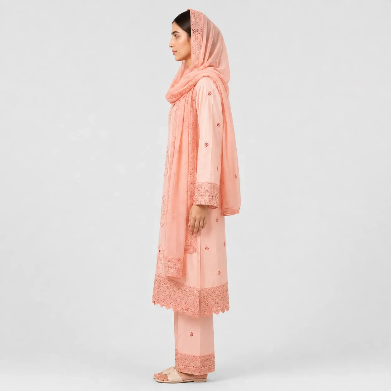 Shop Embroidered Doria Cotton 3 Piece Suit for Women with matching trouser and dupatta, featuring elegant front motifs, decorative borders and comfortable fabric for a graceful eastern wear look.