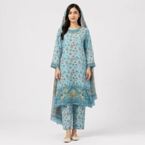 Floral Printed Lawn 3 Piece Suit for Women featuring decorative neckline floral daman matching trouser and printed dupatta