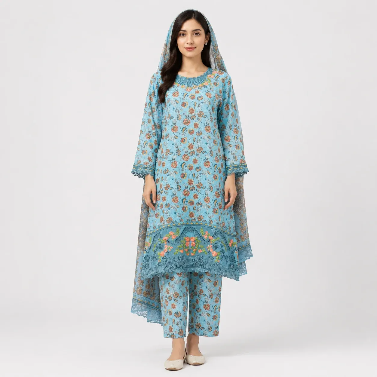 Floral Printed Lawn 3 Piece Suit for Women featuring decorative neckline floral daman matching trouser and printed dupatta