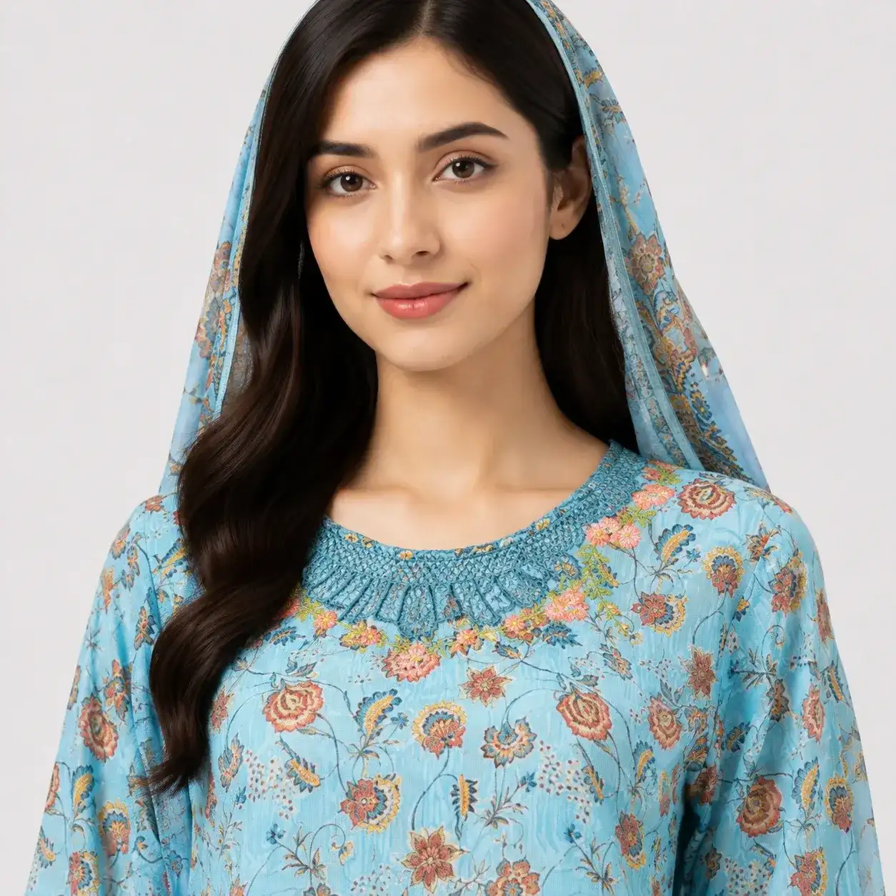 Floral Printed Lawn 3 Piece Suit for Women featuring decorative neckline floral daman matching trouser and printed dupatta