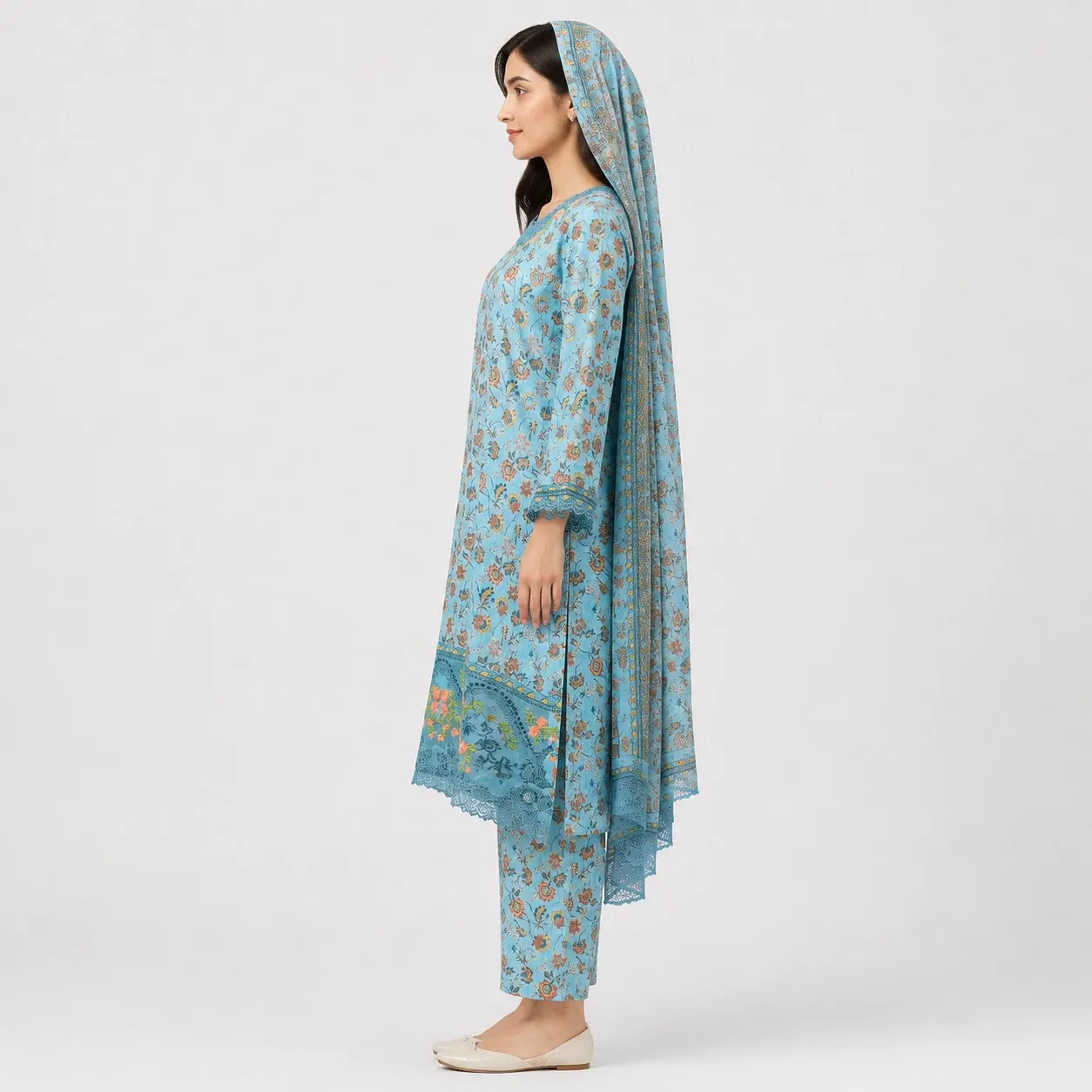Floral Printed Lawn 3 Piece Suit for Women featuring decorative neckline floral daman matching trouser and printed dupatta