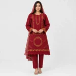 Embroidered Doria Cotton 3 Piece Suit for Women featuring ornamental front motif floral borders matching trouser and dupatta