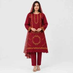 Embroidered Doria Cotton 3 Piece Suit for Women featuring ornamental front motif floral borders matching trouser and dupatta