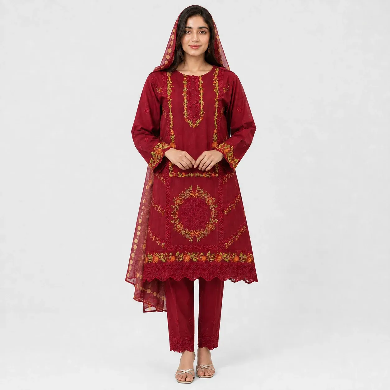 Embroidered Doria Cotton 3 Piece Suit for Women featuring ornamental front motif floral borders matching trouser and dupatta