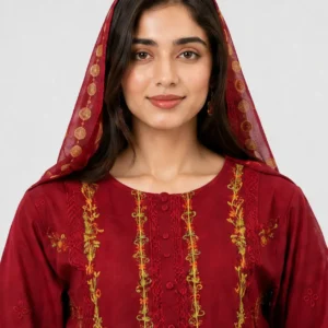Embroidered Doria Cotton 3 Piece Suit for Women featuring ornamental front motif floral borders matching trouser and dupatta