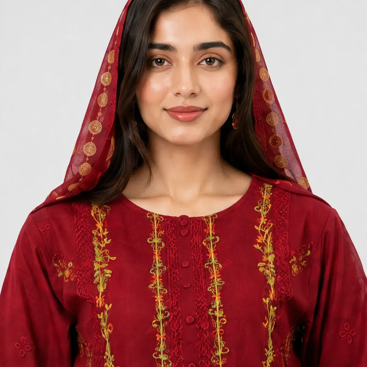 Embroidered Doria Cotton 3 Piece Suit for Women featuring ornamental front motif floral borders matching trouser and dupatta