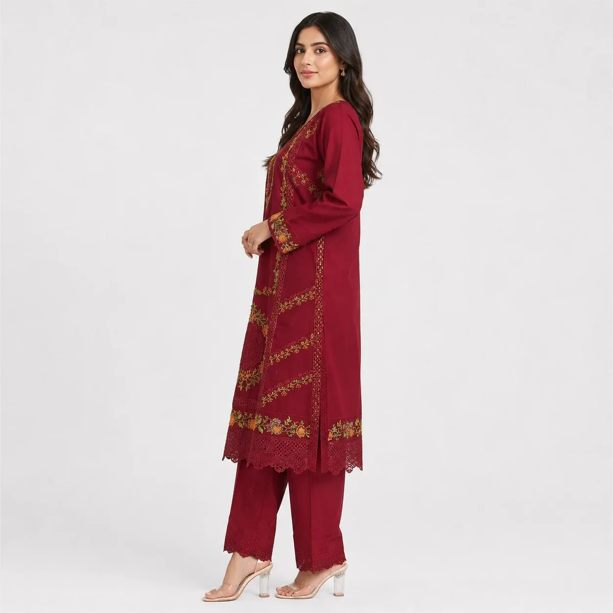 Embroidered Doria Cotton 3 Piece Suit for Women featuring ornamental front motif floral borders matching trouser and dupatta
