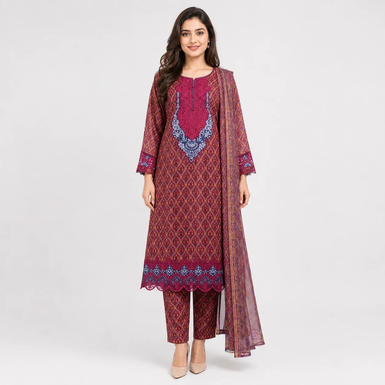 Printed Lawn 3 Piece Suit for Women featuring detailed front design matching trouser decorative hem and dupatta