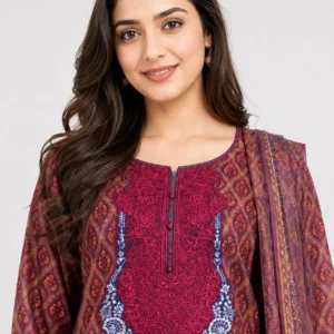 Printed Lawn 3 Piece Suit for Women featuring detailed front design matching trouser decorative hem and dupatta