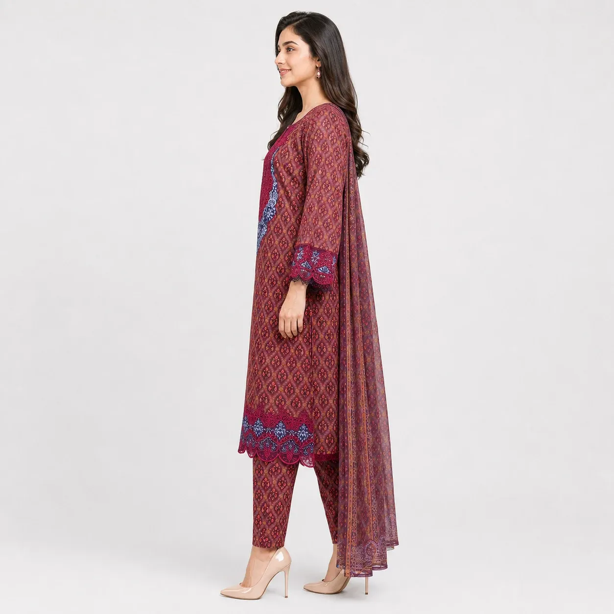 Printed Lawn 3 Piece Suit for Women featuring detailed front design matching trouser decorative hem and dupatta