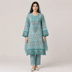 Traditional Printed Lawn 3 Piece Suit for Women featuring detailed front motif scalloped borders matching trouser and dupatta