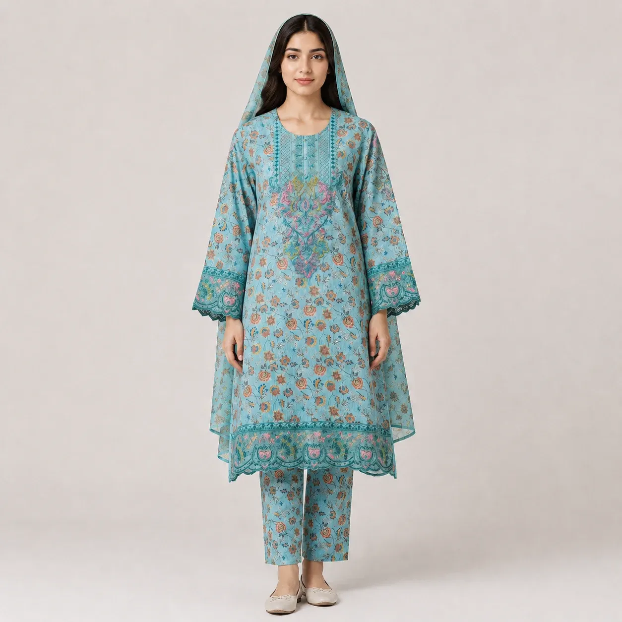 Traditional Printed Lawn 3 Piece Suit for Women featuring detailed front motif scalloped borders matching trouser and dupatta