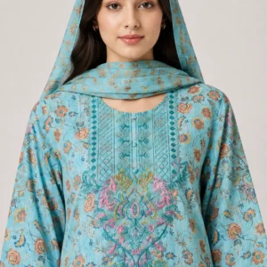 Traditional Printed Lawn 3 Piece Suit for Women featuring detailed front motif scalloped borders matching trouser and dupatta