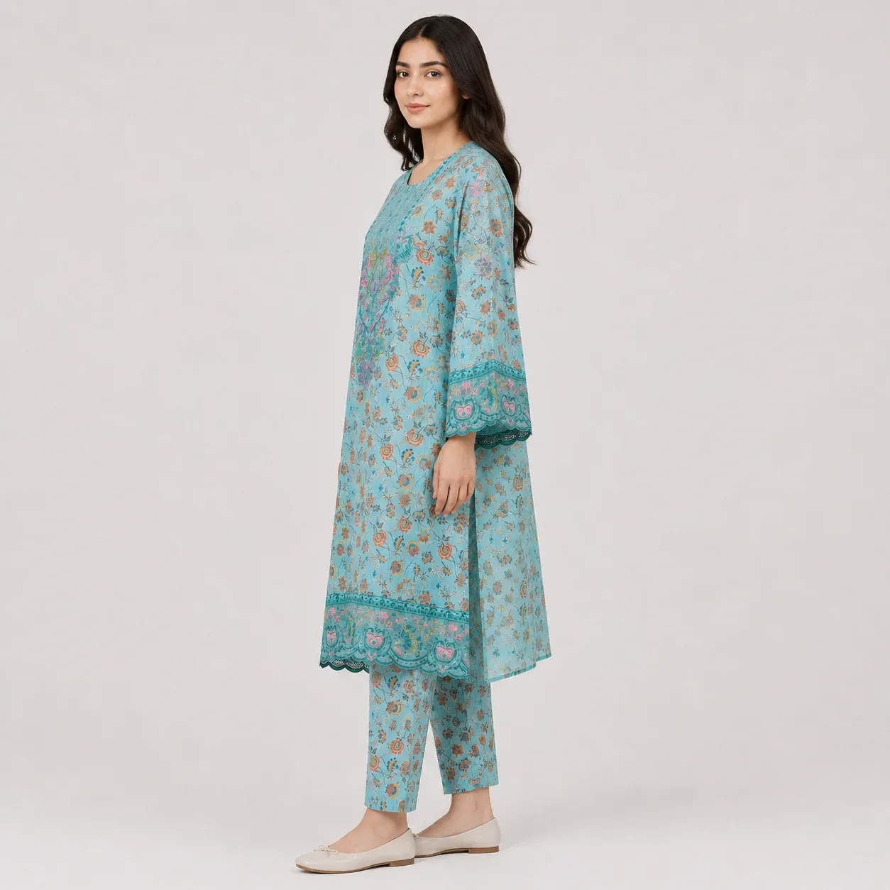 Traditional Printed Lawn 3 Piece Suit for Women featuring detailed front motif scalloped borders matching trouser and dupatta