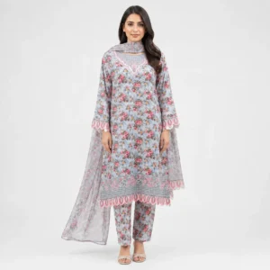 Floral Printed Lawn 3 Piece Suit for Women with matching trouser printed dupatta scalloped sleeves and decorative border