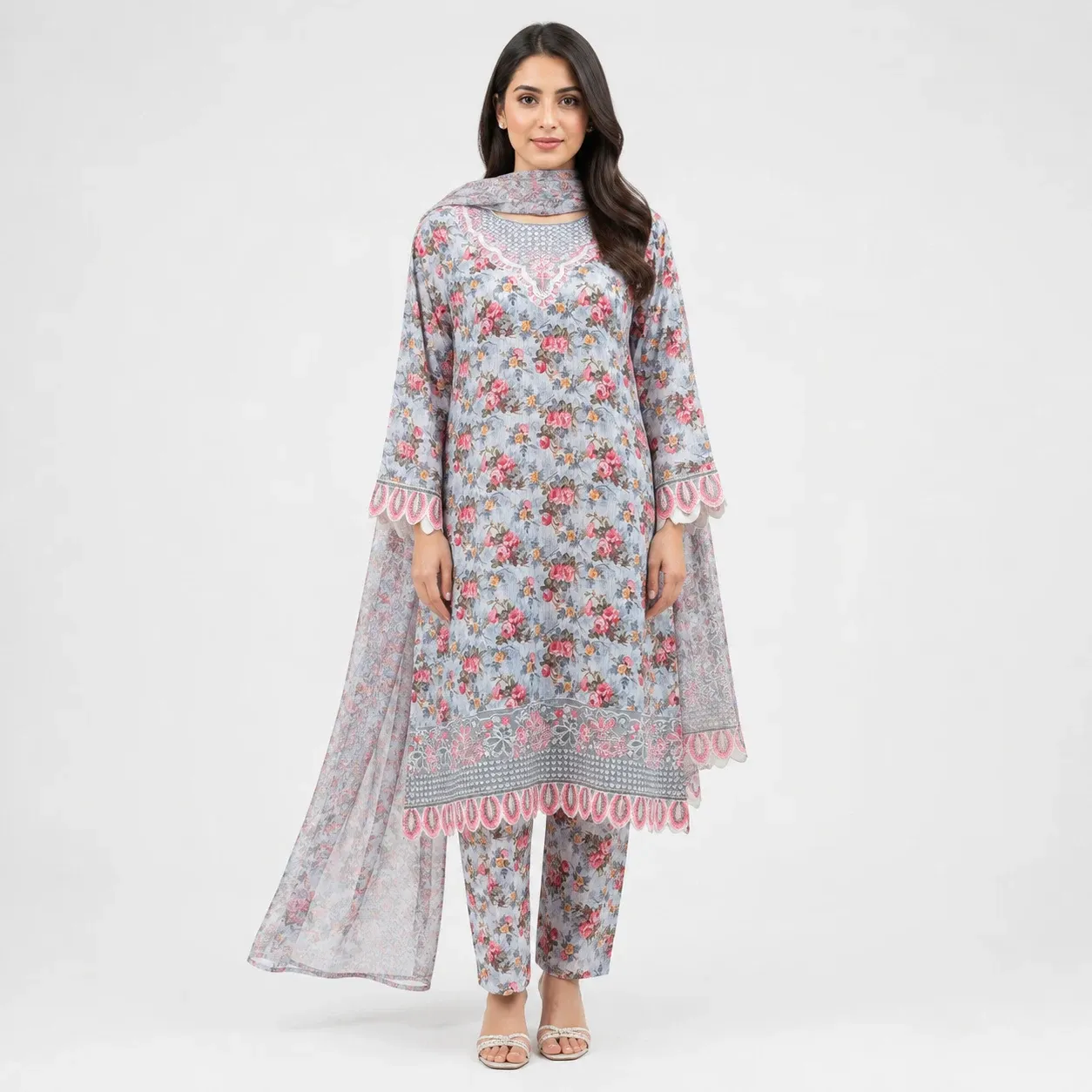 Floral Printed Lawn 3 Piece Suit for Women with matching trouser printed dupatta scalloped sleeves and decorative border