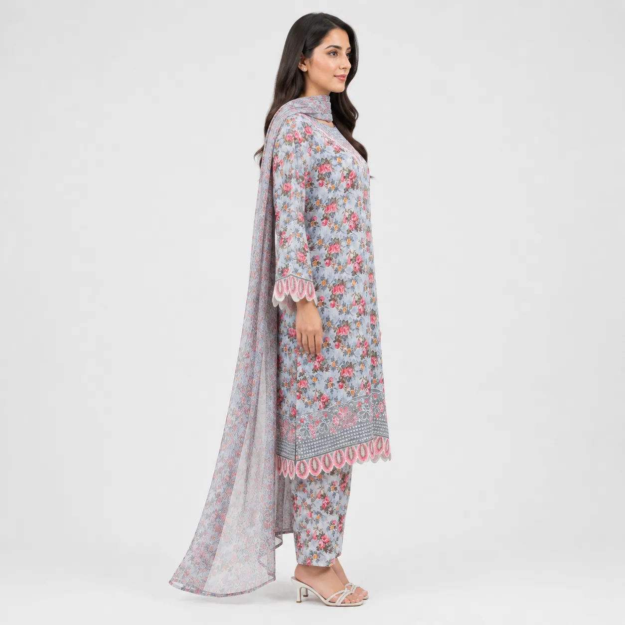 Floral Printed Lawn 3 Piece Suit for Women with matching trouser printed dupatta scalloped sleeves and decorative border
