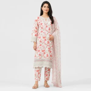 Shop Floral Printed Lawn 3 Piece Suit for Women with matching trouser and dupatta, featuring delicate floral prints, elegant borders and lightweight fabric for comfortable summer and casual wear.