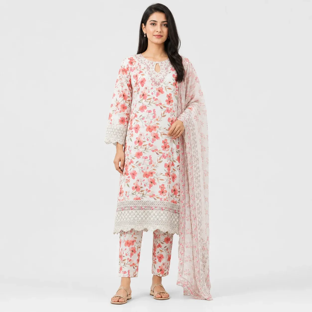 Shop Floral Printed Lawn 3 Piece Suit for Women with matching trouser and dupatta, featuring delicate floral prints, elegant borders and lightweight fabric for comfortable summer and casual wear.
