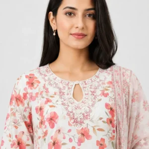 Shop Floral Printed Lawn 3 Piece Suit for Women with matching trouser and dupatta, featuring delicate floral prints, elegant borders and lightweight fabric for comfortable summer and casual wear.