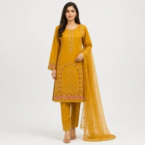 Embroidered Doria Cotton 3 Piece Suit for Women featuring floral border detailing matching trouser and coordinated dupatta
