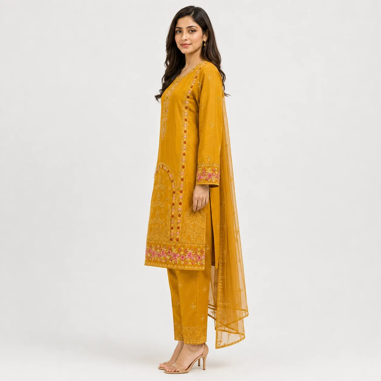 Embroidered Doria Cotton 3 Piece Suit for Women featuring floral border detailing matching trouser and coordinated dupatta