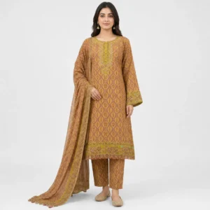 Printed Lawn 3 Piece Suit for Women featuring traditional motifs detailed borders matching trouser and printed dupatta