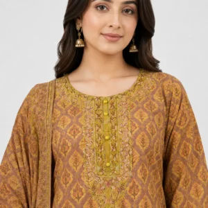 Printed Lawn 3 Piece Suit for Women featuring traditional motifs detailed borders matching trouser and printed dupatta