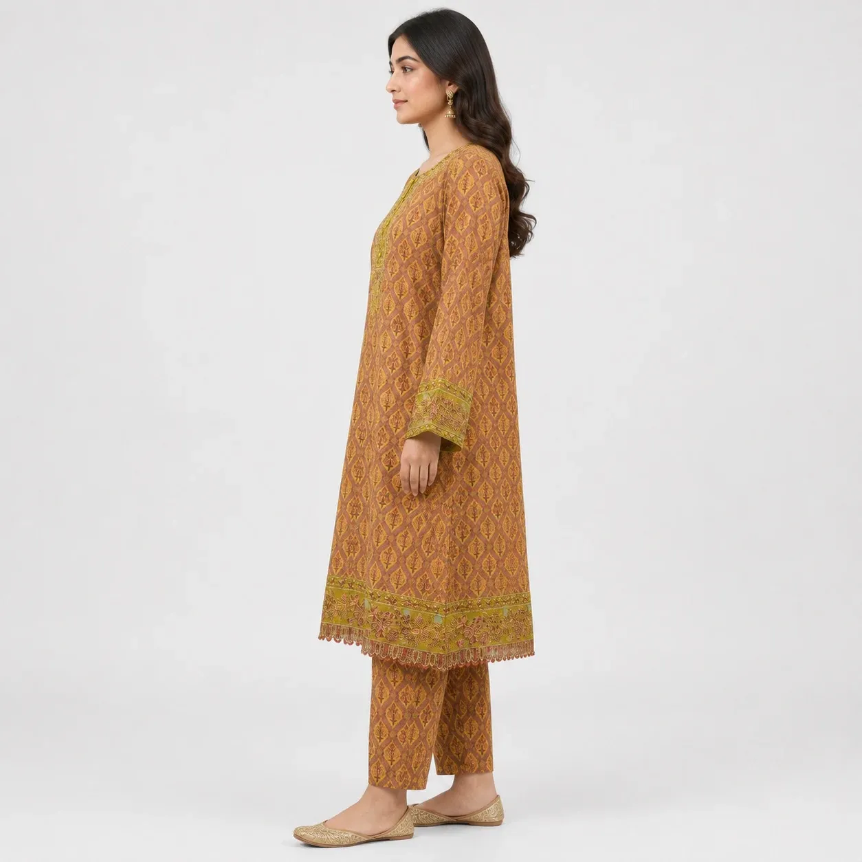 Printed Lawn 3 Piece Suit for Women featuring traditional motifs detailed borders matching trouser and printed dupatta
